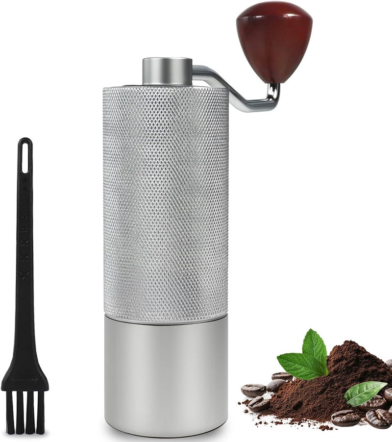 DITOSH Manual Coffee Grinder Non-Detachable Stainless Steel Conical Burr Aluminum Coffee Bean Grinder with 25 Grinding Settings Cleaning Brush Grindable Espresso Moka Pot French Press for Camping Silver - Image 1